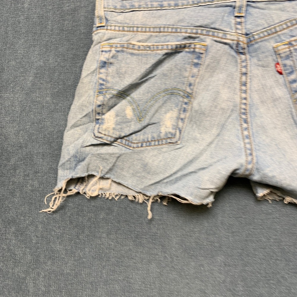 Levi's 518 Superlow Cut Off Shorts Womens Blue Denim Light Wash Red Tab Raw Hem - Picture 12 of 15